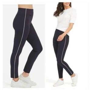 SPANX‎ Petite Womens L/G Navy Blue Side Stripe Zipper Pockets Pull On Pants